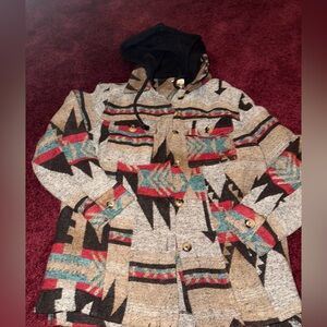 Mystree Aztec print jacket women’s hooded pockets size medium boutique